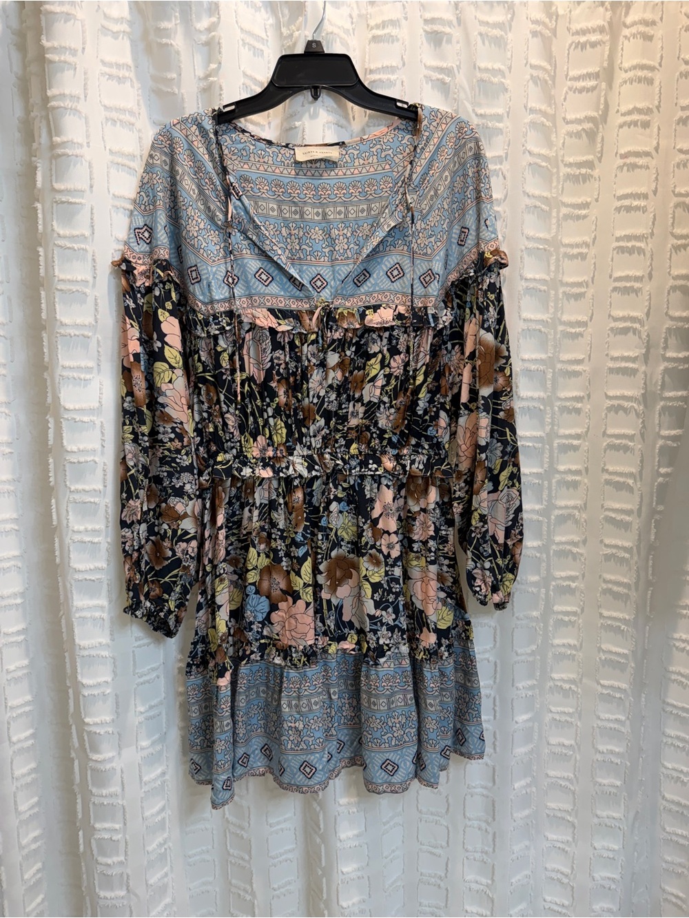 Boho Floral Tiered Peasant Dress in Black & Dusty Blue